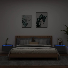 Mesitas de noche de pared con luces LED 2 unidades negro