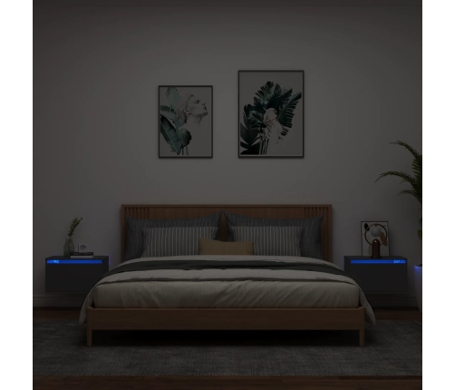 Mesitas de noche de pared con luces LED 2 unidades negro