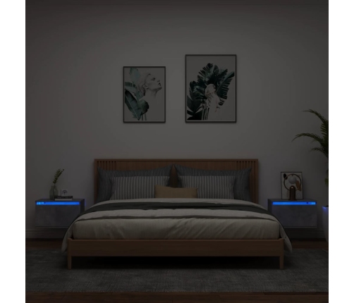 Mesitas de noche de pared con luces LED 2 uds gris hormigón