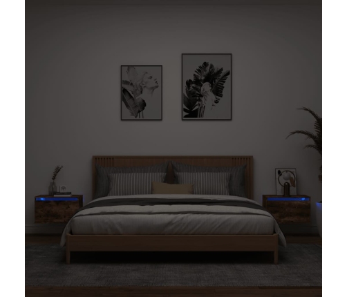 Mesitas de noche de pared con luces LED 2 uds roble ahumado