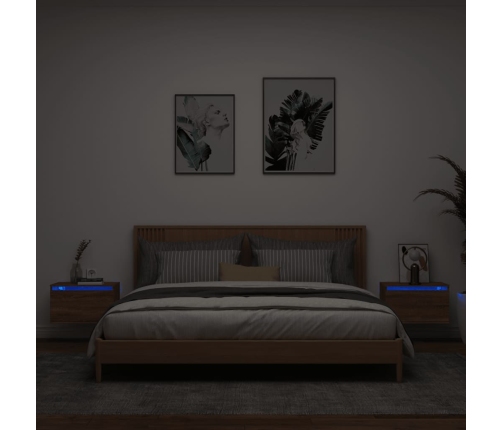 Mesitas de noche de pared con luces LED 2 unidades roble marrón