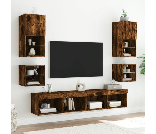 Mueble de TV de pared con luces LED roble ahumado 30x28,5x30 cm