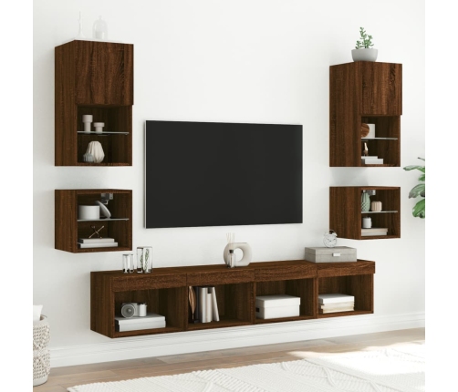 Mueble de TV de pared con luces LED roble marrón 30x28,5x30 cm