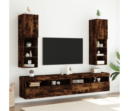 Muebles de TV con luces LED 2 uds roble ahumado 30,5x30x102 cm