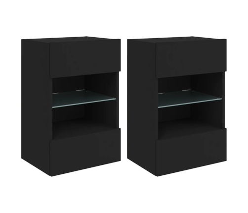 Muebles de TV de pared con luces LED 2 uds negro 40x30x60,5 cm