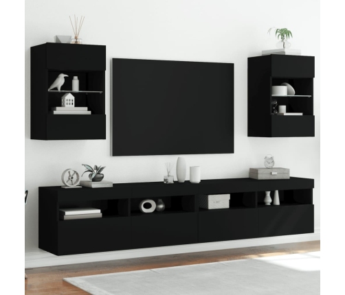 Muebles de TV de pared con luces LED 2 uds negro 40x30x60,5 cm