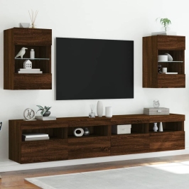 Muebles TV de pared luces LED 2 uds roble marrón 40x30x60,5 cm