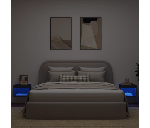 Mesitas de noche de pared con luces LED 2 unidades negro