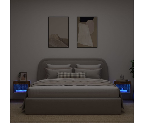 Mesitas de noche de pared con luces LED 2 uds roble ahumado