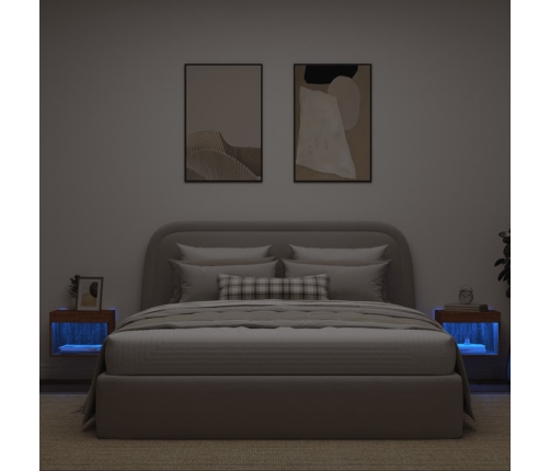 vidaXL Mesitas de noche de pared con luces LED 2 unidades roble marrón