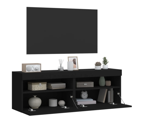 Muebles de TV de pared con luces LED 2 uds negro 60x30x40 cm