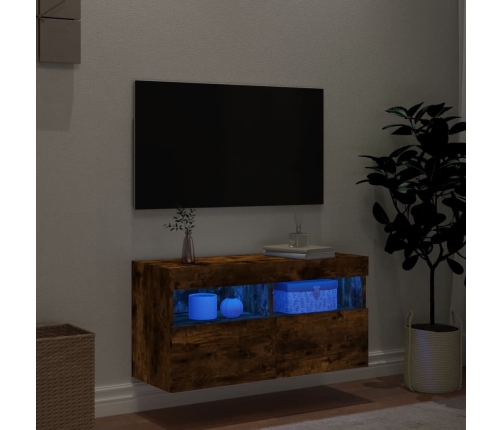 Mueble de TV de pared con luces LED roble ahumado 80x30x40 cm