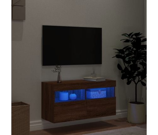 Mueble de TV de pared con luces LED roble marrón 80x30x40 cm