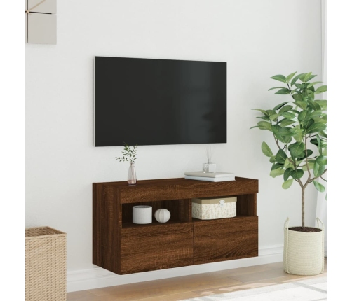 Mueble de TV de pared con luces LED roble marrón 80x30x40 cm