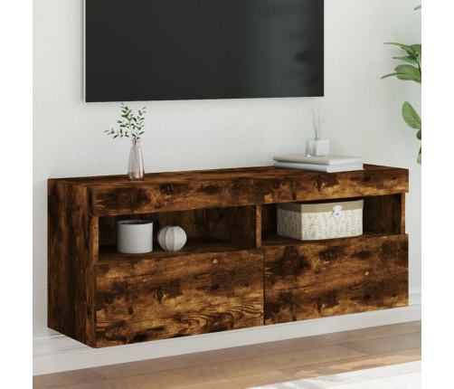 Mueble de TV de pared con luces LED roble ahumado 100x30x40 cm