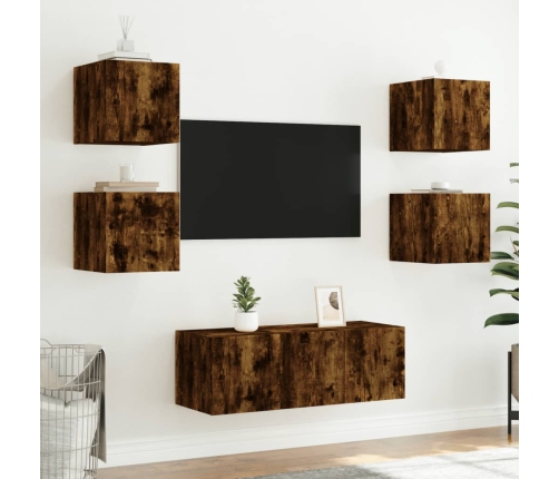 Mueble de TV de pared con luces LED roble ahumado 30,5x35x30 cm