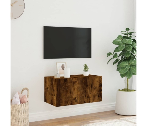 Mueble de TV de pared con luces LED roble ahumado 60x35x31 cm