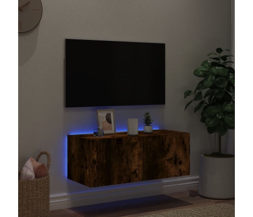 Mueble de TV de pared con luces LED roble ahumado 80x35x31 cm