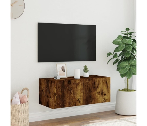 Mueble de TV de pared con luces LED roble ahumado 80x35x31 cm