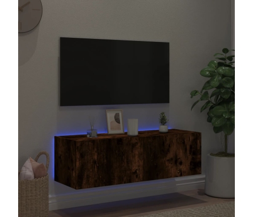 Mueble de TV de pared con luces LED roble ahumado 100x35x31 cm