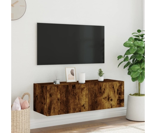 Mueble de TV de pared con luces LED roble ahumado 100x35x31 cm