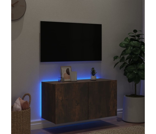 Mueble de TV de pared con luces LED roble ahumado 80x35x41 cm