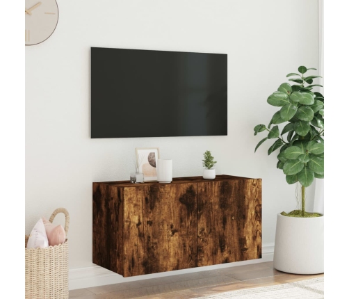 Mueble de TV de pared con luces LED roble ahumado 80x35x41 cm