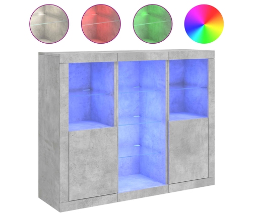 Aparador con luz LED 3 pzas madera de ingeniería gris hormigón