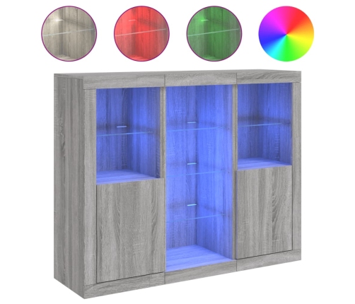 Aparador con luz LED 3 pzas madera de ingeniería gris Sonoma