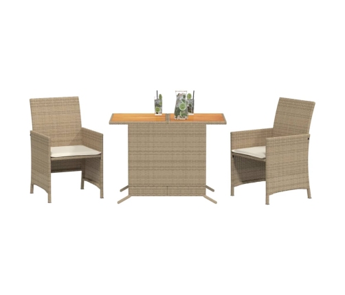 Sillas y mesita de jardín 3 piezas ratán sintético cojín beige