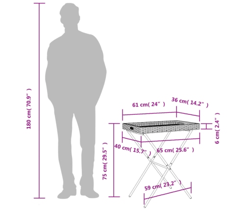 vidaXL Mesa con bandeja plegable ratán sintético beige 65x40x75 cm