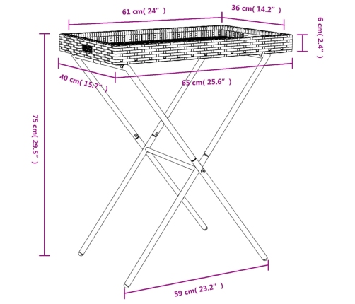 vidaXL Mesa con bandeja plegable ratán sintético beige 65x40x75 cm
