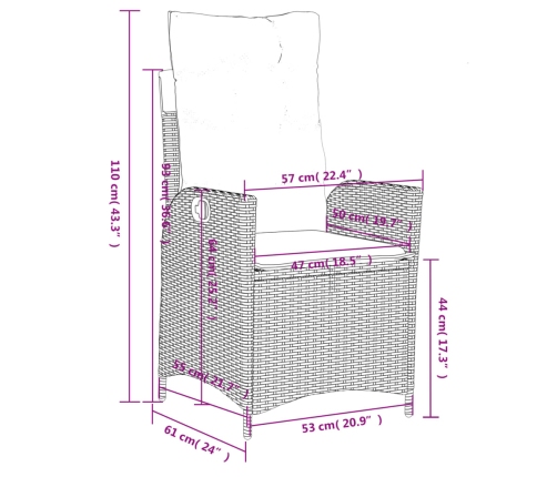 Sillón reclinable de jardín con cojines ratán sintético gris