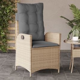 Sillón reclinable de jardín con cojines ratán PE beige mixto