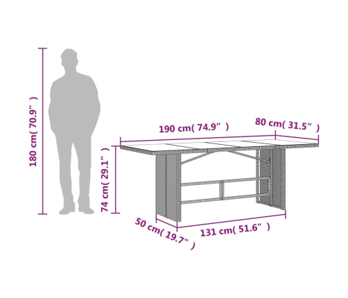 Mesa de jardín superficie de vidrio ratán PE marrón 190x80x74cm