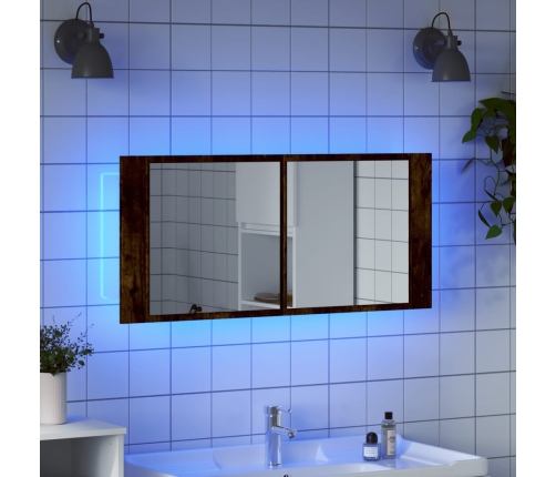 Armario de baño con espejo y luz LED roble ahumado 100x12x45 cm