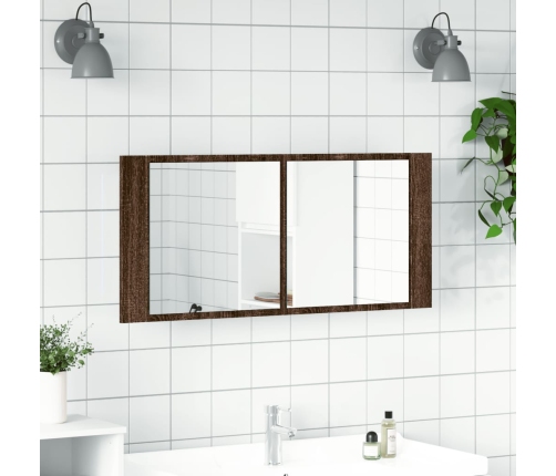 Armario de baño con espejo y luz LED marrón roble 100x12x45 cm