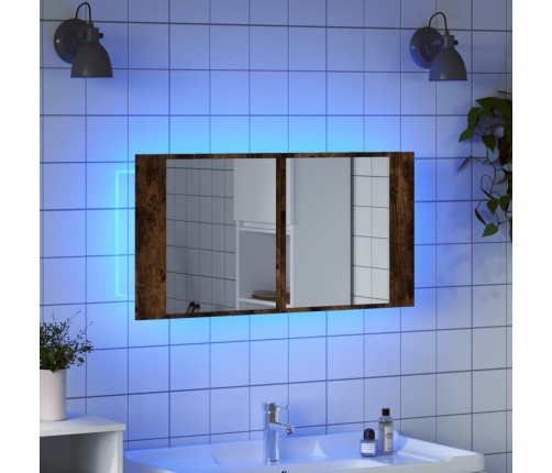 Armario espejo de baño LED acrílico roble ahumado 90x12x45 cm