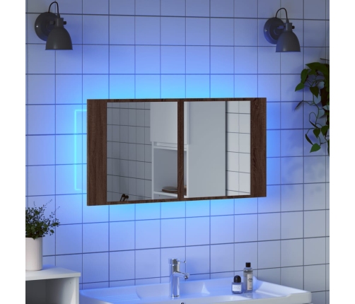 Armario espejo de baño LED acrílico marrón roble 90x12x45 cm