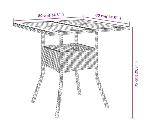 Mesa de jardín superficie de madera ratán PE negro 80x80x75 cm