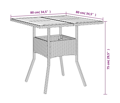 Mesa de jardín superficie de madera ratán PE gris 80x80x75 cm