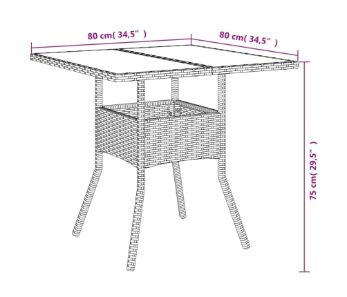 Mesa de jardín superficie de vidrio ratán PE negro 80x80x75 cm