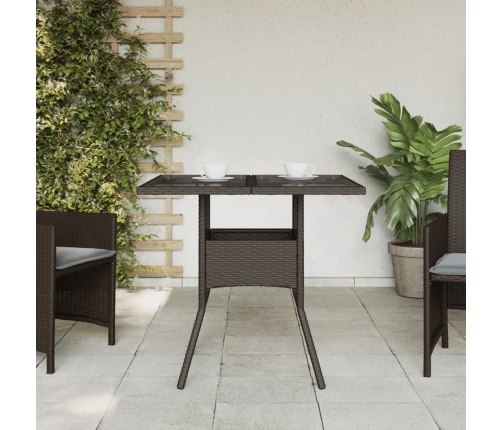 Mesa de jardín superficie de vidrio ratán PE marrón 80x80x75 cm