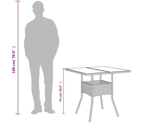 vidaXL Mesa de jardín superficie de vidrio ratán PE marrón 80x80x75 cm