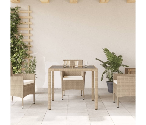 Mesa de jardín superficie de vidrio ratán PE beige 90x90x75 cm