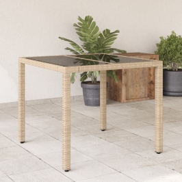 Mesa de jardín superficie de vidrio ratán PE beige 90x90x75 cm