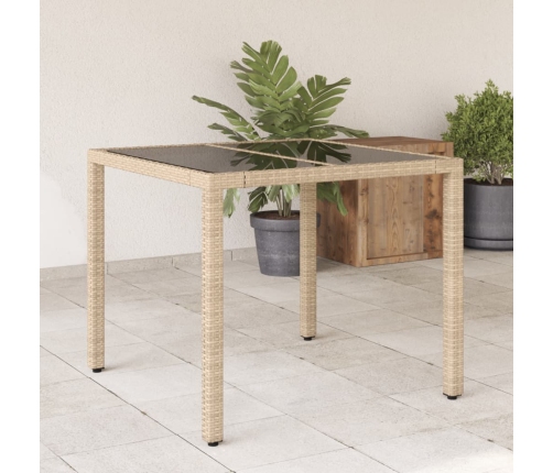 Mesa de jardín superficie de vidrio ratán PE beige 90x90x75 cm