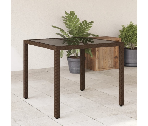 Mesa de jardín superficie de vidrio ratán PE marrón 90x90x75 cm