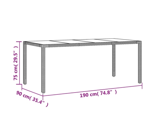 Mesa de jardín superficie de vidrio ratán PE gris 190x90x75 cm