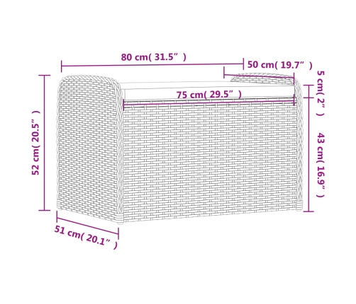 vidaXL Banco de almacenaje con cojín ratán sintético gris 80x51x52 cm